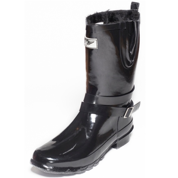 Women's Rainboots, Mid Calf Faux Fur Lined Rain Boots, RB-2414 Black, Size 7 - Picture 6 of 6